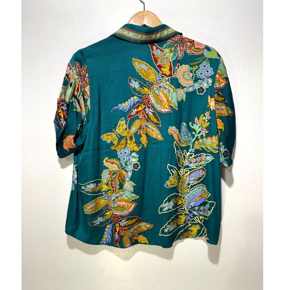 Rachel Zoe button up shirt tropical floral vacation resort green women L New - Picture 2 of 5